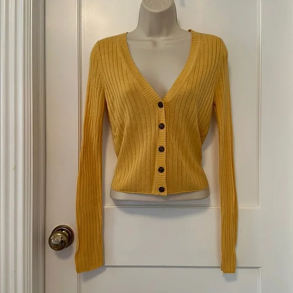 NAADAM SILK CASHMERE RIBBET KNIT SWEATER CARDIGAN ORANGE MUSTARD SIZE MEDIUM - Picture 2 of 5